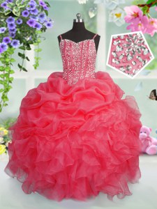Rose Pink Organza Lace Up Spaghetti Straps Sleeveless Floor Length Little Girls Pageant Gowns Beading and Ruffles and Pick Ups