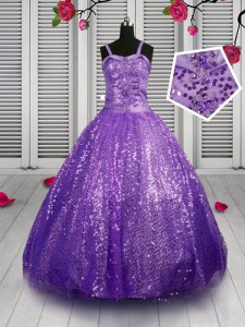 Customized Floor Length Lace Up Little Girls Pageant Gowns Lavender for Party and Wedding Party with Sequins