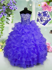 Blue Sleeveless Floor Length Ruffled Layers and Sequins Lace Up Little Girls Pageant Gowns
