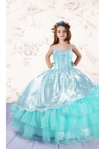 Ruffled Ball Gowns Girls Pageant Dresses Turquoise Spaghetti Straps Organza Sleeveless Floor Length Lace Up