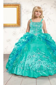 Aqua Blue Straps Lace Up Beading and Appliques and Pick Ups Little Girls Pageant Dress Wholesale Sleeveless