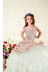 Peach Ball Gowns Organza Straps Sleeveless Beading and Ruffled Layers and Hand Made Flower Floor Length Lace Up Child Pageant Dress