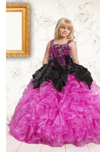 Custom Fit Floor Length Lace Up Little Girls Pageant Dress Black and Hot Pink for Party and Wedding Party with Beading and Ruffles