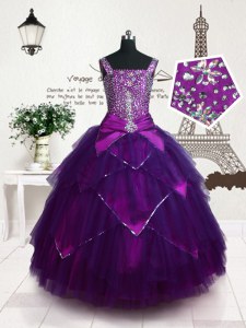 Unique Purple Ball Gowns Straps Sleeveless Tulle Floor Length Lace Up Belt Child Pageant Dress