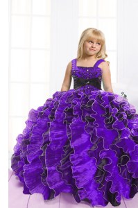 Blue And Black Organza Lace Up Little Girls Pageant Dress Sleeveless Floor Length Beading and Ruffles