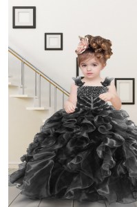 Stylish Straps Sleeveless Lace Up Little Girl Pageant Gowns Black Organza