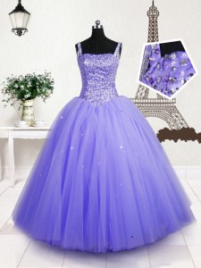 Most Popular Lavender Tulle Lace Up Straps Sleeveless Floor Length Little Girls Pageant Dress Wholesale Beading and Sequins