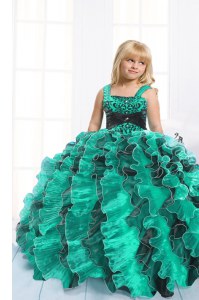 Ball Gowns Little Girls Pageant Dress Teal Straps Organza Sleeveless Floor Length Lace Up