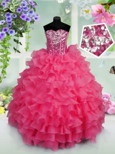 Hot Pink Organza Lace Up Sweetheart Sleeveless Floor Length Casual Dresses Ruffled Layers and Sequins