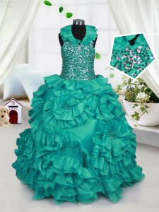 Halter Top Beading and Ruffles Child Pageant Dress Turquoise Zipper Sleeveless Floor Length