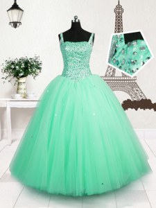 Super Turquoise Straps Lace Up Beading and Sequins Little Girl Pageant Gowns Sleeveless