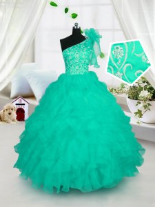 Enchanting One Shoulder Floor Length Lace Up Girls Pageant Dresses Turquoise for Party and Wedding Party with Embroidery and Ruffles