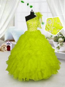 Stylish Organza One Shoulder Sleeveless Lace Up Embroidery and Ruffles Pageant Gowns For Girls in Yellow Green