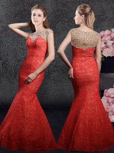 Captivating Red Mermaid Lace Bateau Cap Sleeves Beading and Lace Floor Length Zipper Homecoming Dress