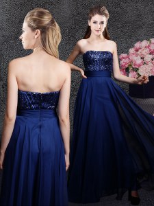 Pretty Sequins Floor Length Empire Sleeveless Navy Blue Prom Evening Gown Zipper