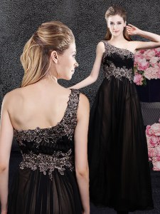 Floor Length Black Prom Dress One Shoulder Sleeveless Side Zipper