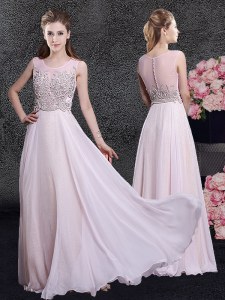 Glittering Scoop Floor Length Zipper Prom Party Dress Pink for Prom and Party and Military Ball and Wedding Party with Beading