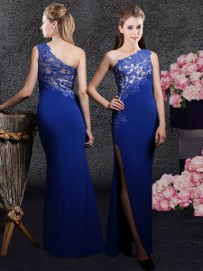 Glamorous Royal Blue One Shoulder Neckline Lace and Appliques Dress for Prom Sleeveless Side Zipper