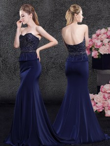 Fancy Mermaid Sleeveless Satin With Brush Train Zipper Prom Evening Gown in Navy Blue with Beading