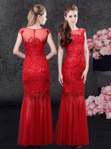 Fancy Mermaid Red Scoop Neckline Lace Evening Dress Cap Sleeves Zipper