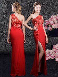 Red Side Zipper One Shoulder Lace and Appliques Chiffon Sleeveless