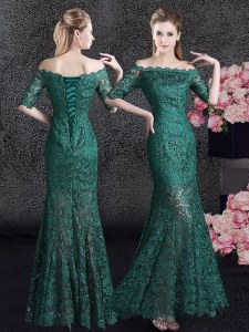Excellent Mermaid Scalloped Dark Green Half Sleeves Floor Length Lace Lace Up Prom Party Dress