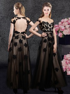 Black Backless Prom Gown Appliques Short Sleeves Ankle Length