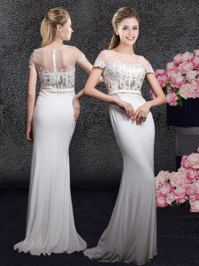 Perfect Scoop Appliques and Sequins Prom Dress White Zipper Short Sleeves With Brush Train