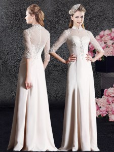 Champagne Satin Zipper High-neck Half Sleeves Floor Length Lace