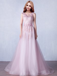 Pink A-line Scoop Sleeveless Tulle With Brush Train Zipper Appliques and Hand Made Flower Prom Party Dress