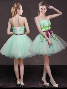 Flirting Apple Green A-line Organza Strapless Sleeveless Appliques and Belt Mini Length Lace Up Dress for Prom