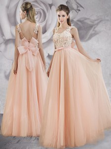Sweet Peach Straps Neckline Appliques and Bowknot Dress for Prom Sleeveless Lace Up