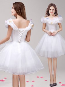 Comfortable Off the Shoulder Appliques and Ruffles Evening Dress White Lace Up Sleeveless Knee Length