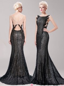 Mermaid Square Clasp Handle Black Sleeveless Brush Train Appliques and Sequins With Train Dress for Prom