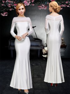 Glorious Off the Shoulder Backless Elastic Woven Satin Long Sleeves Floor Length and Ruching