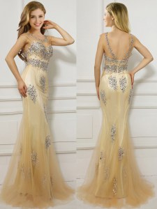 Mermaid Scoop Gold Backless Beading Cap Sleeves With Brush Train
