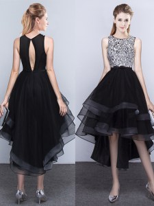 Trendy Black A-line Tulle Scoop Sleeveless Beading High Low Backless Prom Dress