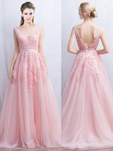 Sleeveless Brush Train Backless With Train Appliques and Belt Prom Party Dress