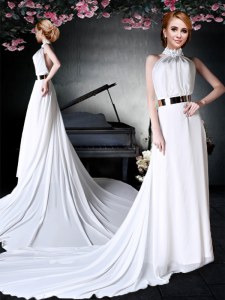 Amazing White Backless Halter Top Appliques and Belt Prom Party Dress Chiffon Sleeveless Court Train