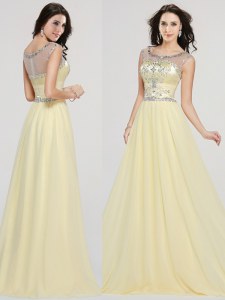 Extravagant Scoop Light Yellow Chiffon Zipper Prom Dresses Sleeveless Floor Length Beading