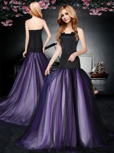 Sleeveless With Train Ruching Lace Up Prom Party Dress with Black and Purple Brush Train