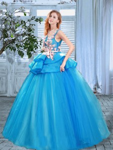 Scoop Blue Sleeveless Organza Lace Up Quinceanera Dress for Prom