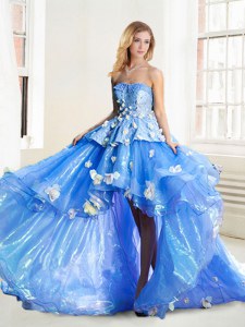Modest Strapless Sleeveless Lace Up 15 Quinceanera Dress Blue Organza