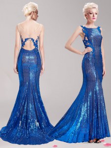 Colorful Mermaid Square Blue Sleeveless With Train Appliques and Sequins Clasp Handle Dress for Prom