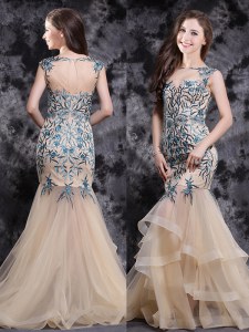 High Class Mermaid Sleeveless With Train Appliques and Ruffles Zipper Prom Gown with Champagne Brush Train