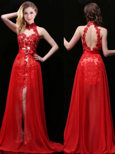 Excellent Halter Top Coral Red Chiffon and Lace Backless Sleeveless With Brush Train Lace and Sashes ribbons
