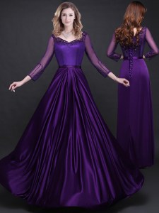 Extravagant Purple Elastic Woven Satin Lace Up Long Sleeves Floor Length Prom Dress Appliques and Belt