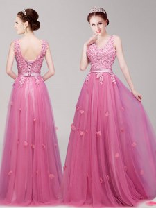 Custom Designed Sleeveless Tulle Floor Length Lace Up Prom Evening Gown in Pink with Appliques and Belt