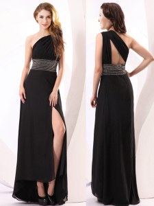 Chic Black Empire One Shoulder Sleeveless Chiffon Floor Length Backless Beading Prom Evening Gown