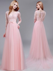 Glorious Brush Train Empire Winning Pageant Gowns Baby Pink V-neck Tulle 3 4 Length Sleeve With Train Zipper